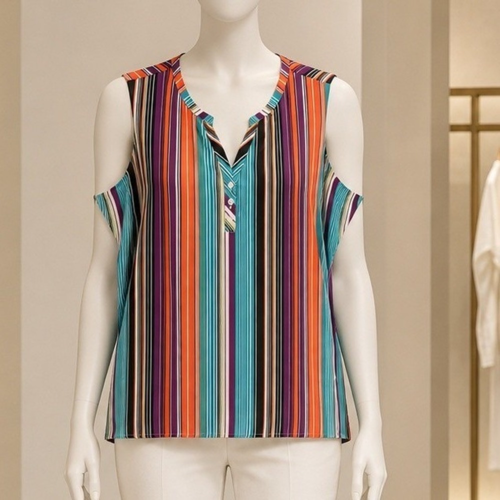 NorthStyle Womens Sleeveless Blouse Multi-Color Vertical Stripe V-Neck Large